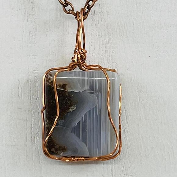 Unique Wire Wrapped Blue Lace Agate Necklace Pendant Square Cabochon - Picture 1 of 3